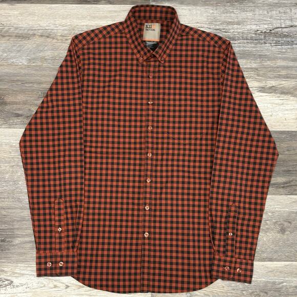 5.11 Tactical Orange Black Gingham Mens M Button‎ Down Utility Flannel Shirt EUC - Picture 2 of 9